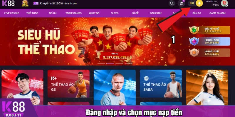 Đăng nhập và chọn mục nạp tiền